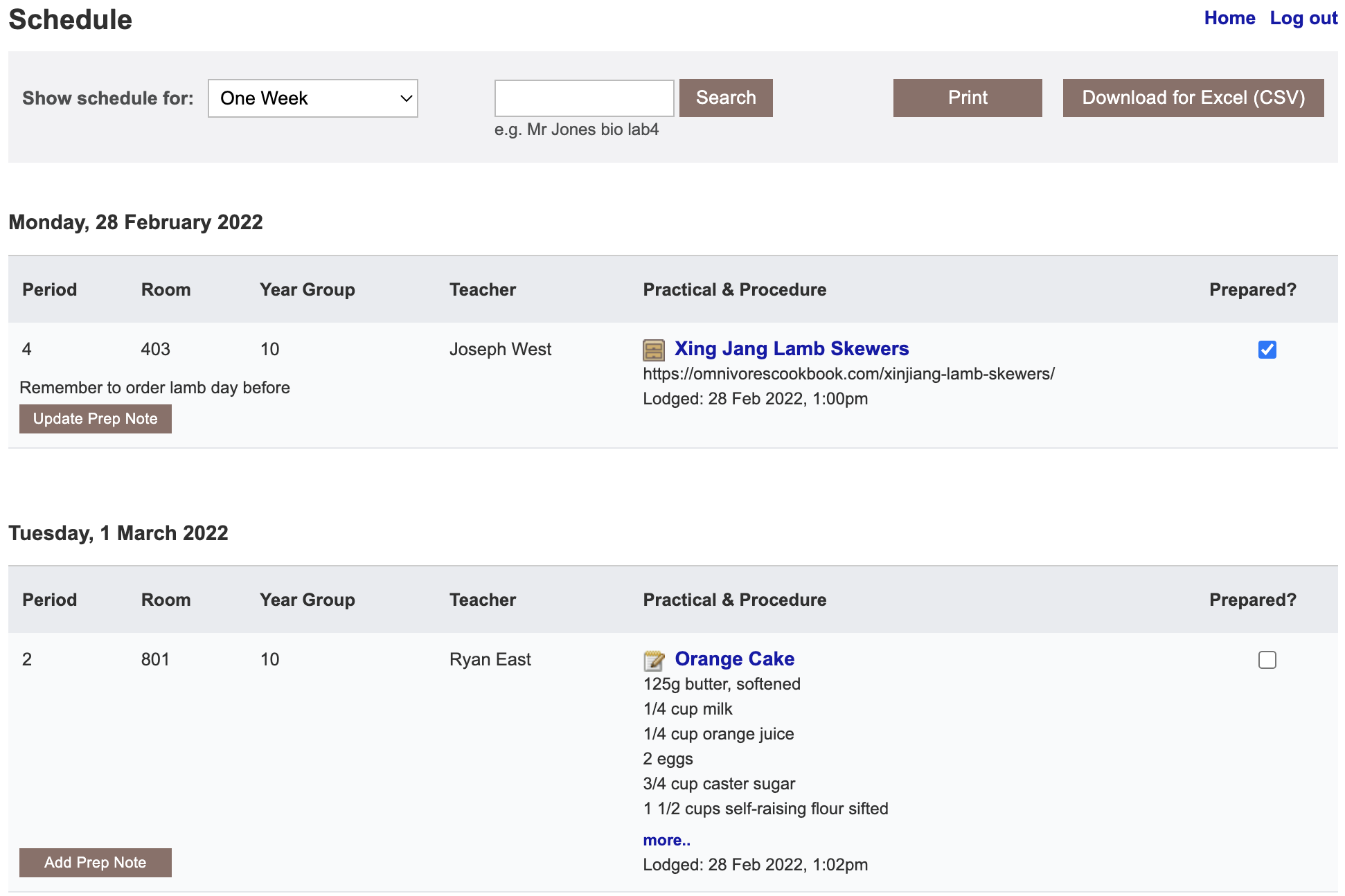 Scheduling screen