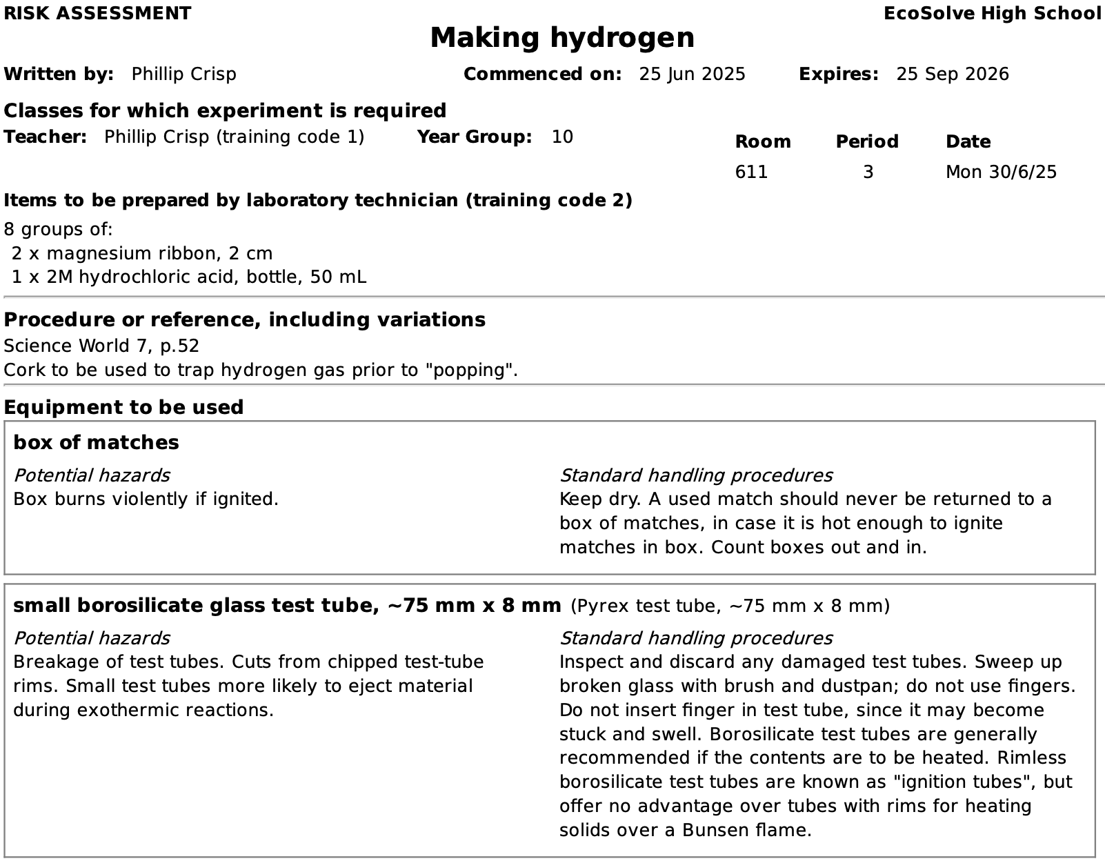 Sample risk assessment